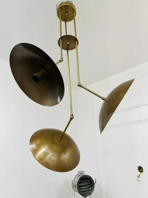 Handcrafted Mid Century Modern 3 light Brass Chandelier Pendant Light Fixture