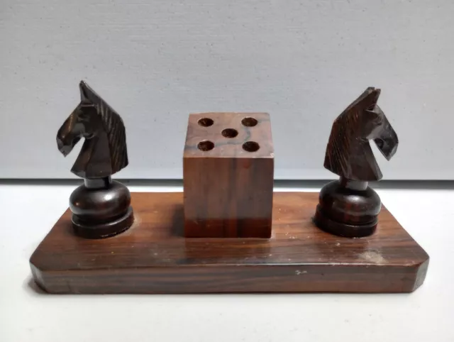 Mid Century Alii Woods Honolulu Teak Wood Carved Horse Head Desk Pen Holder