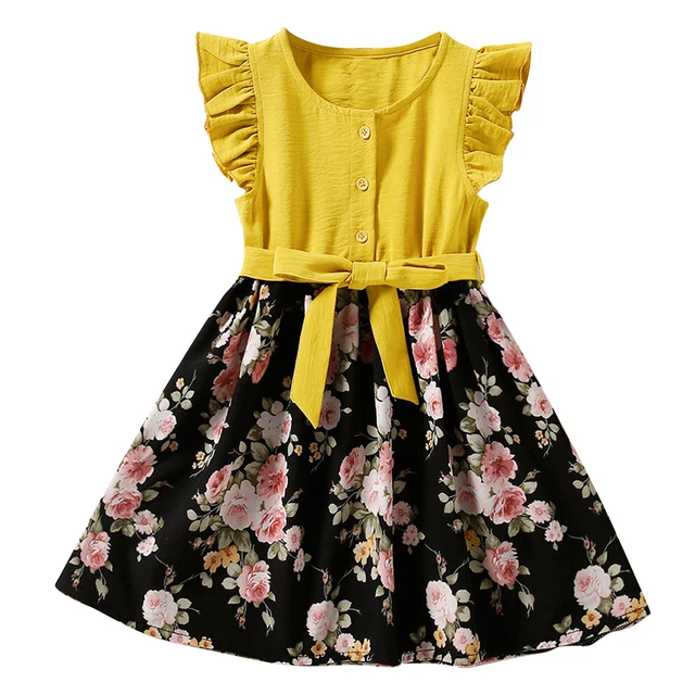Kids Girls Floral Patchwork Dress Fashion  A-Line Dresses+Sash Daily Wear Outfit