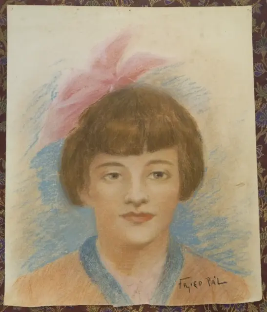 PAL FRIED (1893 - 1976): Pastel antique drawing signed 20th portrait drawing