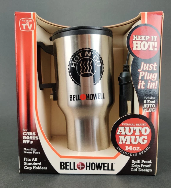 NIB Bell And Howell Stainless Steel Heated Thermal Mug Auto Travel 12 V Charger