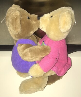 Hallmark Kissing Bears Plush Stuffed Animal Pink & Purple With Hearts! Magnetic