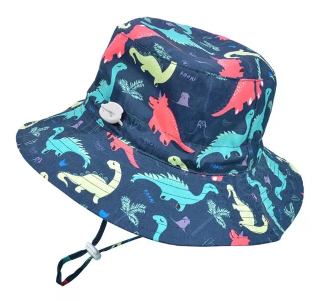 Boys Kids Children Summer Dinosaur Navy Wide Brim Bucket Sun Hat Cap strap 1-10y
