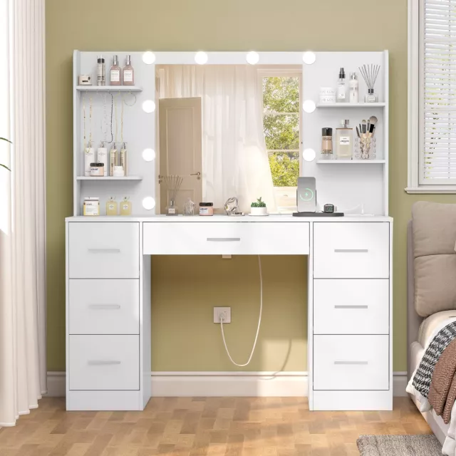 Large Vanity Desk with LED Lighted Mirror & Power Outlet, 7 Drawers,4 Shelves