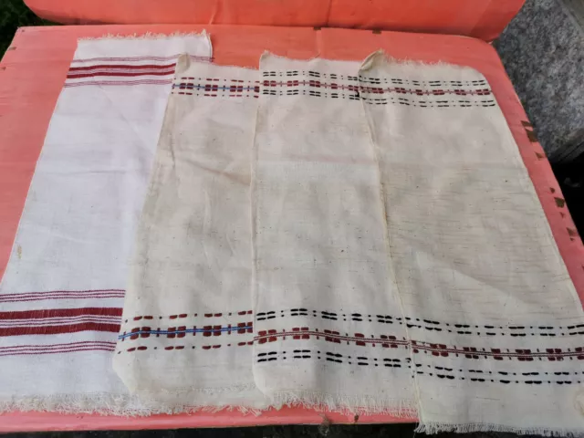 Old Antiques Primitive Hand Wooven Homespun Towels Cotton - Lot Of 4