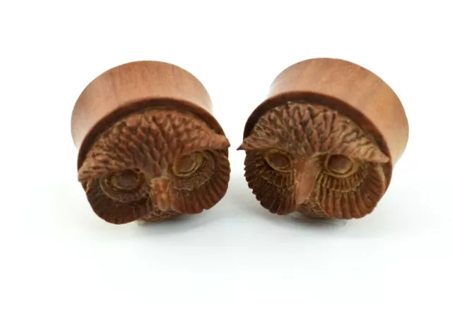 PAIR Owl Face Solid Wood Double Flare Saddle Plugs Tunnels Gauges Body Jewelry