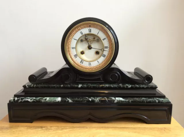 An Elegant French Drum Black Slate & Marble Mantel Clock c1870