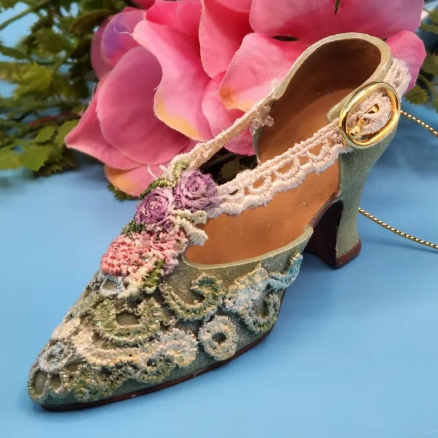 Victorian Roses High Heel Shoe OrnamentLace Mint Green Pump Cmas Bow Topper V2