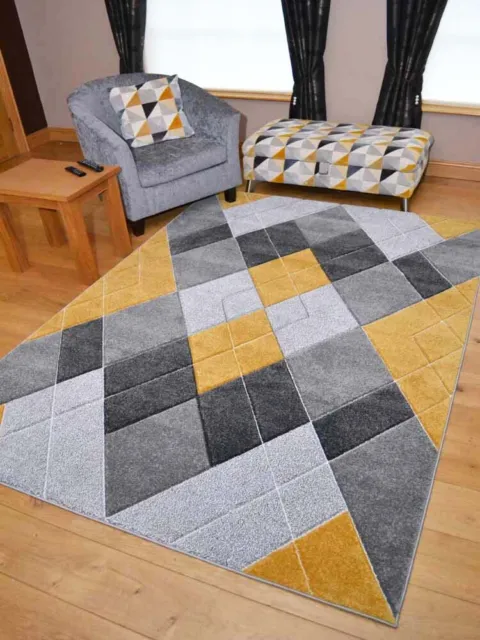 New Modern Thick Soft Grey Silver Mustard Gold Ochre Floor Mats Rugs 3D Carpet