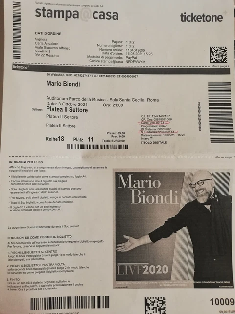 biglietti x 2 concerto Mario Biondi Roma 15/05/22 Auditorium Parco Musica