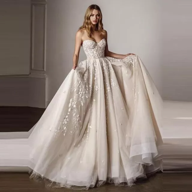 Strapless Sweetheart Appliqué Lace Champagne A Line Bridal Gown Wedding Dress