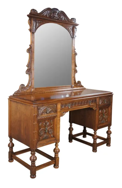 Antique American Furniture Gothic Carved Oak Vanity Desk Dressing Table & Mirror