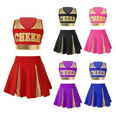 Kids Girls Cheerleading Outfit Metallic Tank Crop Top Pleated Skirt Set Dress Up