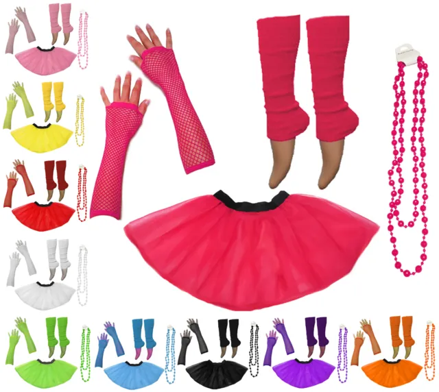 Neon UV Tutu Set Skirt Gloves Leg Warmers Beads Womens 80s Fancy Dress Costume
