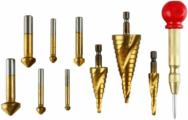 10Pcs Spiral Grooved Step Drill Bit W/ Countersink Deburring Drill Center Punch