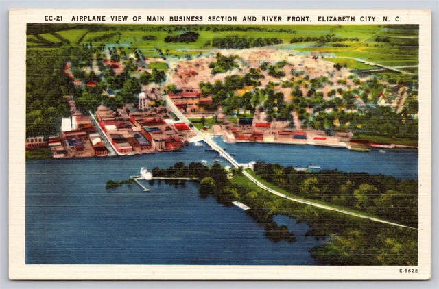 Postcard NC Elizabeth City Airplane View Of Main Business Section And River Fron
