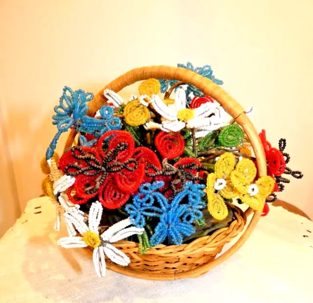 Vintage Glass Seed Beaded Flowers In Wicker Basket -Vibrant, Colorful