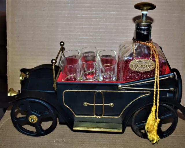 Tilso Car Music Box Decanter and 6 Shot Glasses, Vintage 1960's, Complete VGC