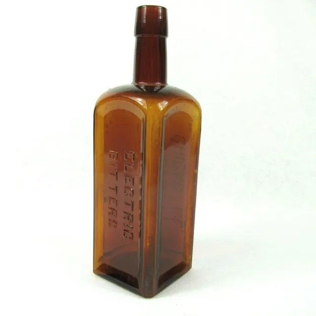 Antique 1800s Electric Bitters Glass Bottle Puce Amber Handtooled Square 10 inch