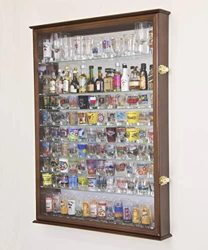 XL Shot Glass Display Case Rack Holder Cabinet w/Mirror Backed and 11 Glass