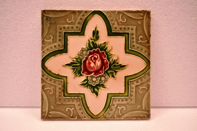 Antique M.S. Tile Work Japan Majolica Art Nouveau Porcelain Geometric Floral"J74