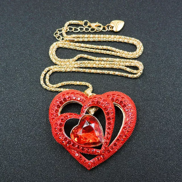 Betsey Johnson Red Bling Rhinestone Love Heart Crystal Chain Necklace