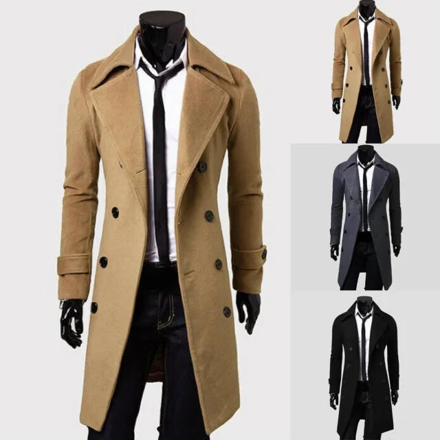 Autumn Winter Men's Casual Buttons Slim Coat Lapel Long Overcoat Jacket