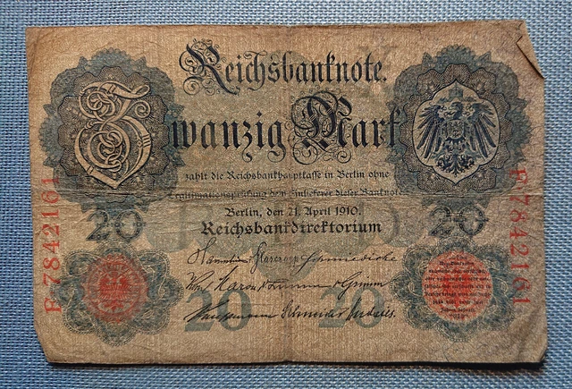 Old Man German Banknote Twenty Mark Berlin 21. of April 1910