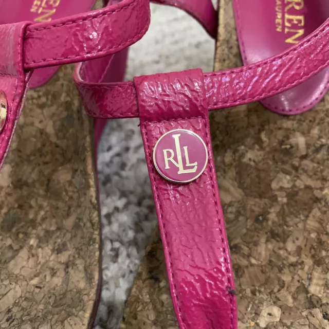 LAUREN RALPH LAUREN Reeta Strappy Pink Cork Wedge Thong Sandals SZ 8B ...