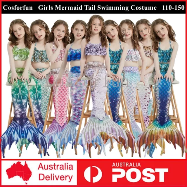GIRLS KIDS MERMAID Tail Swimming Costume Swimmable Bikini Set Monofin ...