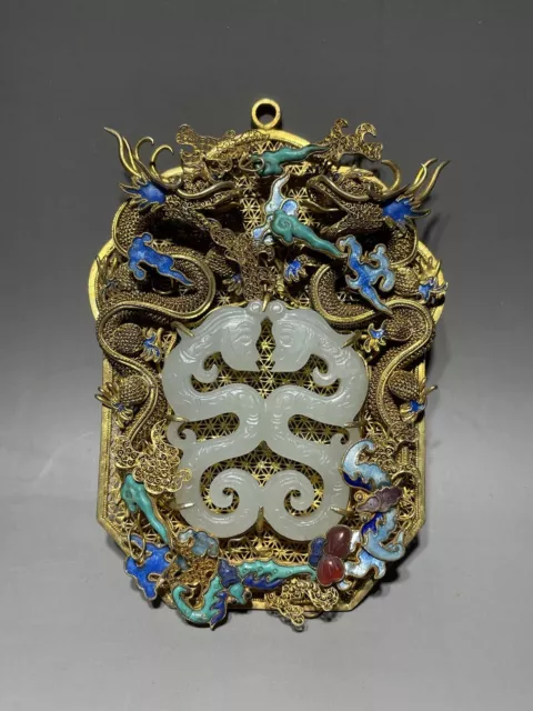 Rare Chinese silver gilding inlay Hetian white dragon pendant