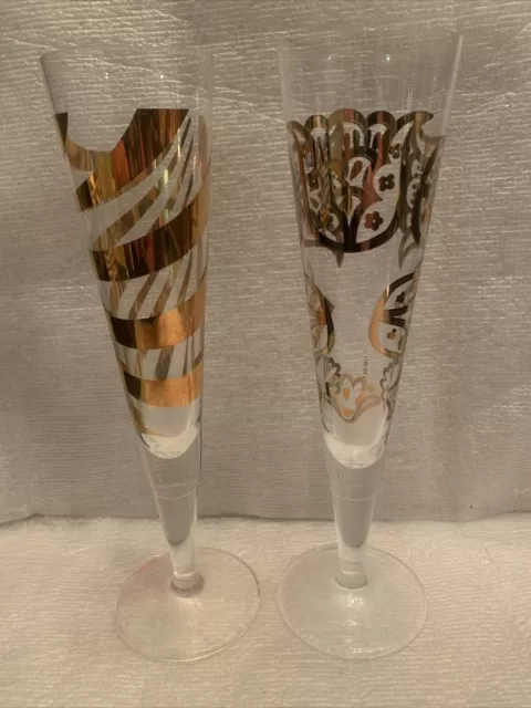 Ritzenhoff Glasses/Flutes Set of 2 GOLD DESIGN Swirl Floral. By Monica Moro