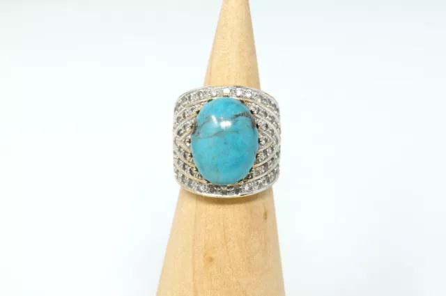 Belle Grande Bague Vintage Turquoise Cz Or Vermeil Argent Sterling - Taille 6 3