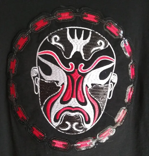 Chinese Peking Opera Mask Embroidered T-Shirt Black Large