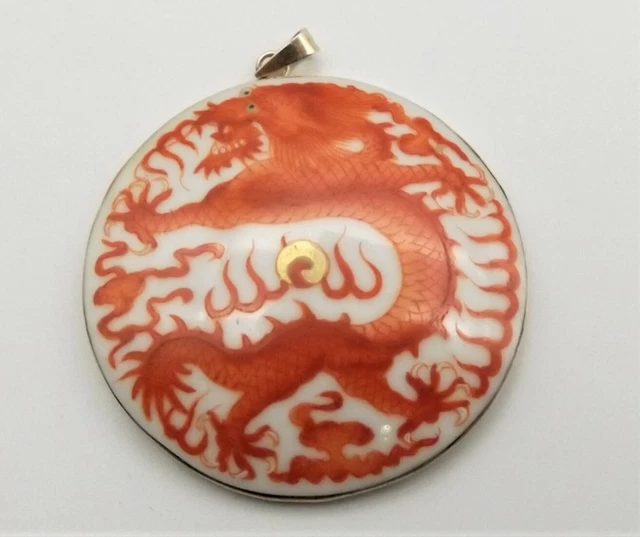 Vtg Silver Encased Porcelain Tile Pendant Hand Painted Dragon Amulet Meissen?