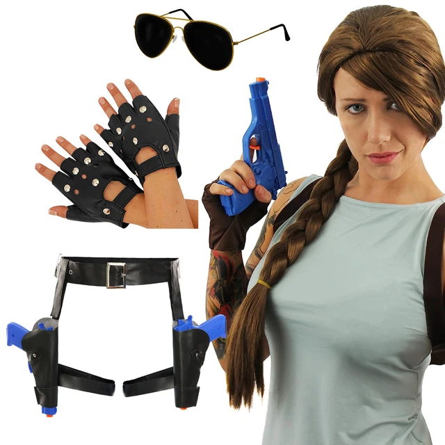 Tomb Raider Lara Croft Fancy Dress Costume Guns Holster Gloves Glasses Halloween