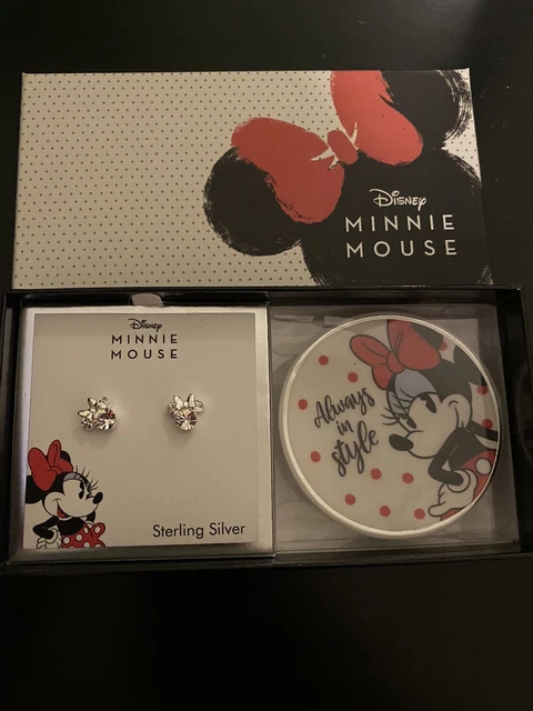Disney Minnie Mouse Childs Clear Crystal Stud Earrings Sterling Silver & Dish