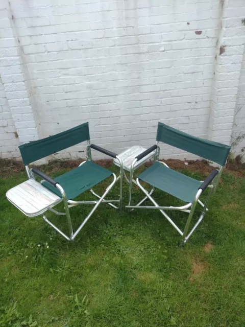 2 x Folding Directors Camping/Garden Chairs with Side Table - Green