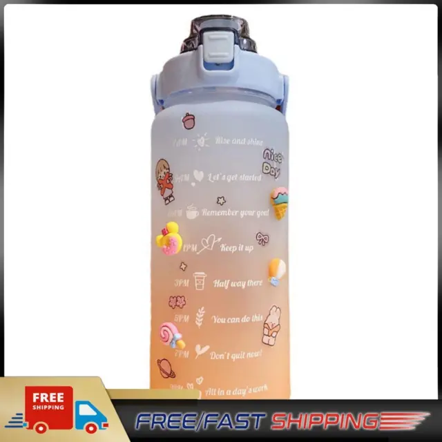 2L Water Bottle Straw Cup Sport Time Scale Jug w/ Stickers (Gradient Blue)
