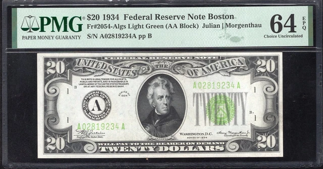 1934 $20 BOSTON FRN *LIGHT GREEN SEAL* PMG 64 EPQ Fr 2054-A lgs A021819234A 2