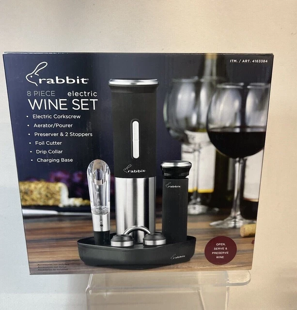 RABBIT 8 PIECE Electric Wine Opener Set Corkscrew Aerator Stoppers Foil