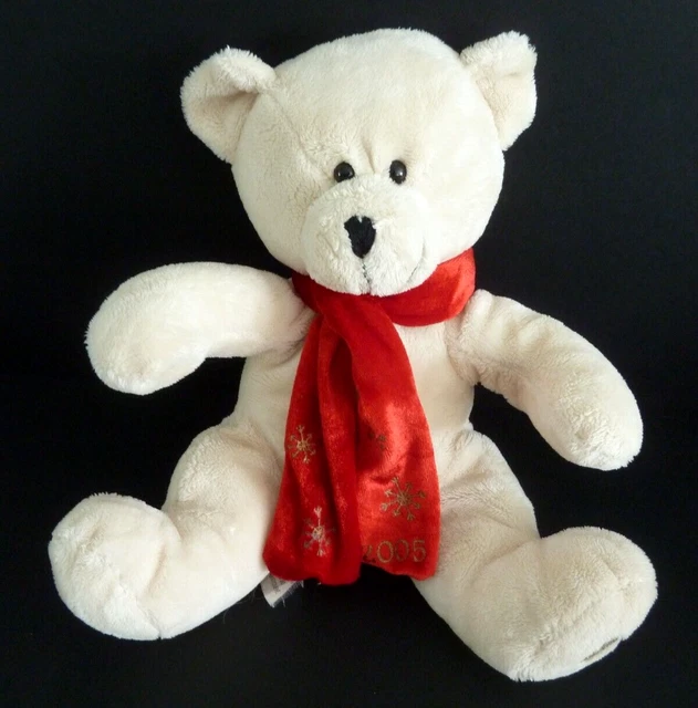 P1. DOUDOU PELUCHE BEAUTY SUCCES OURS écru blanc écharpe rouge 2005 26 cm - TTBE