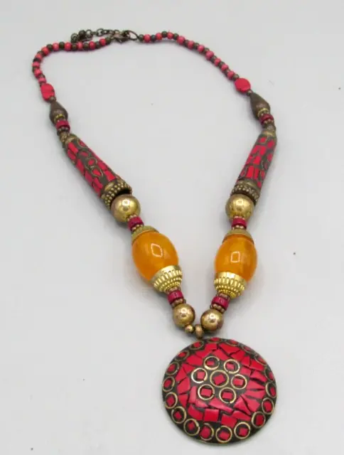 Vintage Nepalese Tibetan Brass & Red Coral Necklace Tribal  Handmade