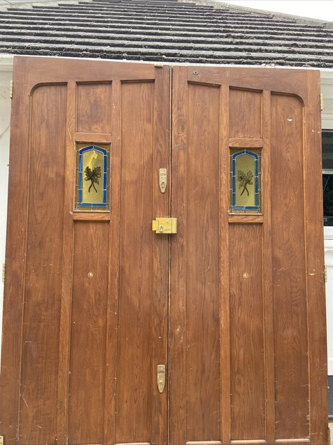 Huge Solid Oak Manor Front Doors Old Period Wood Antique Reclaim Stained Glass 11