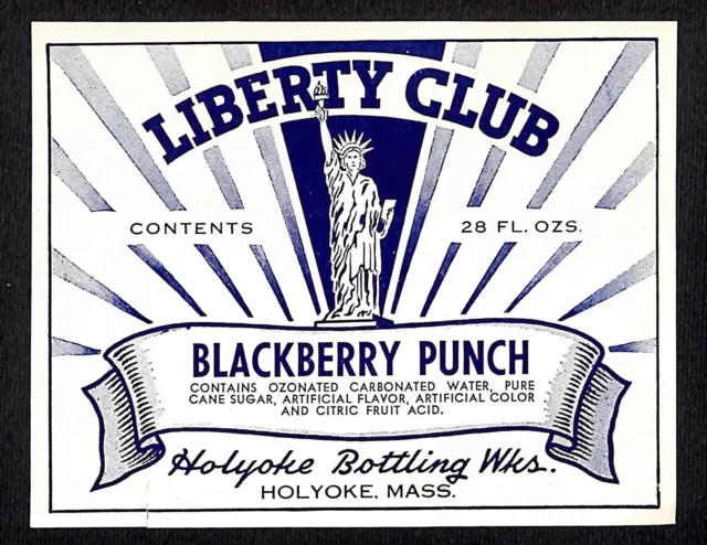 Liberty Club Blackberry Punch Paper Label Holyoke, MA c1940's Statue of Liberty