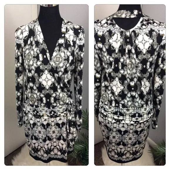 Cache Black White Print Ruched Faux Wrap Dress XS Bodycon