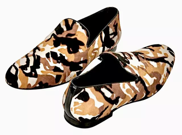 JIMMY CHOO⚡️"Sloane" Tan camo calf hair fur slip on smoking loafers 44.5/11.5US