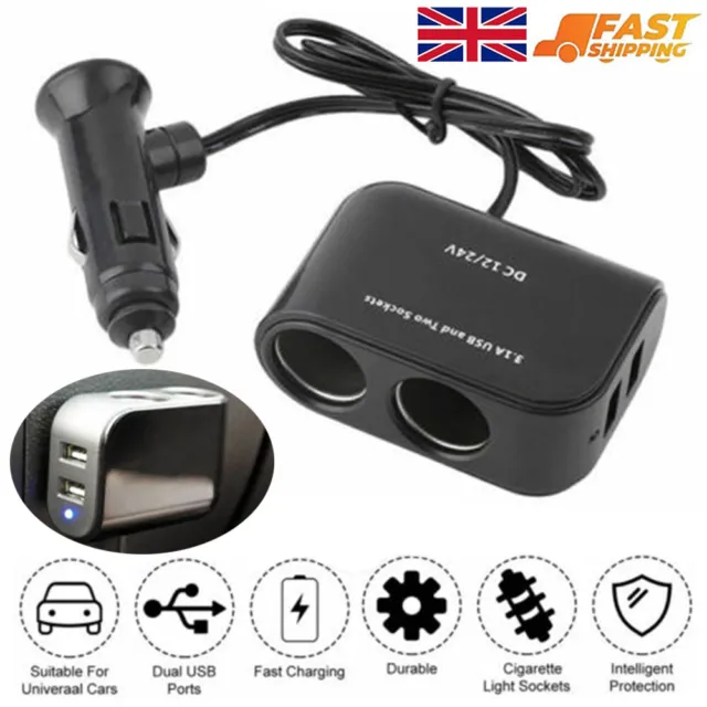 12V-24V 2 Way Car Cigarette Lighter Socket Splitter 2 USB Car Charger Adapter UK