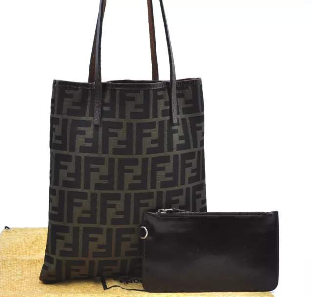 Auth FENDI Zucca Print Chain Pouch Mini Bag Khaki Black PVC 8BR592