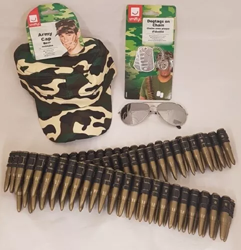 Ejército Disfraz Kit Sombrero Etiquetas de Perro Cinturón Bala Gafas Militar Set